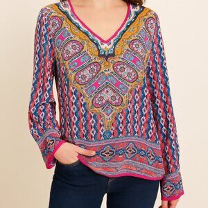 Tolani Silk Long Sleeve Pink Multicolor V neck shirt blouse size small or medium